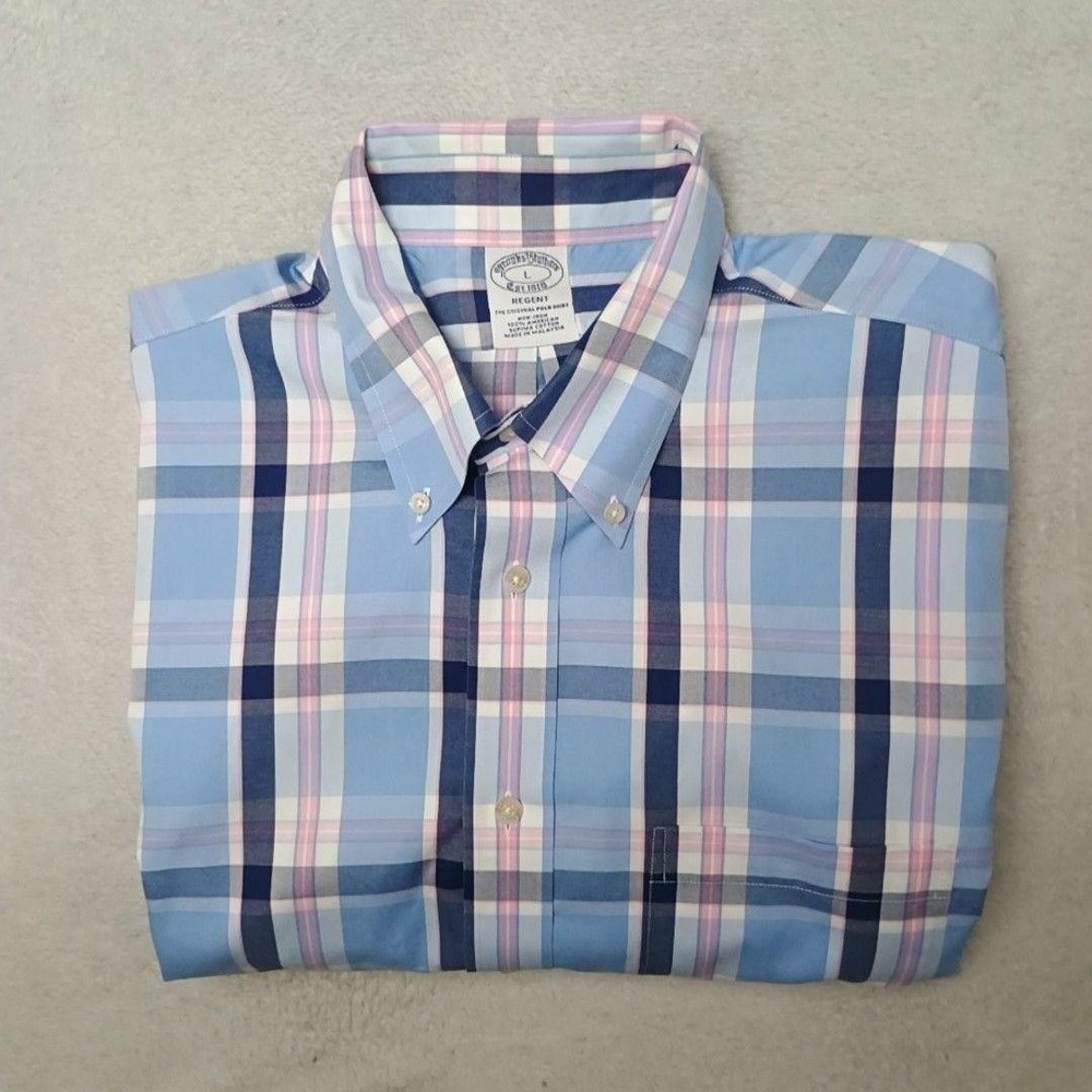 Brooks Brothers Shirt Mens L Blue Plaid Regent Non-Iron Oxford Button Down OCBD